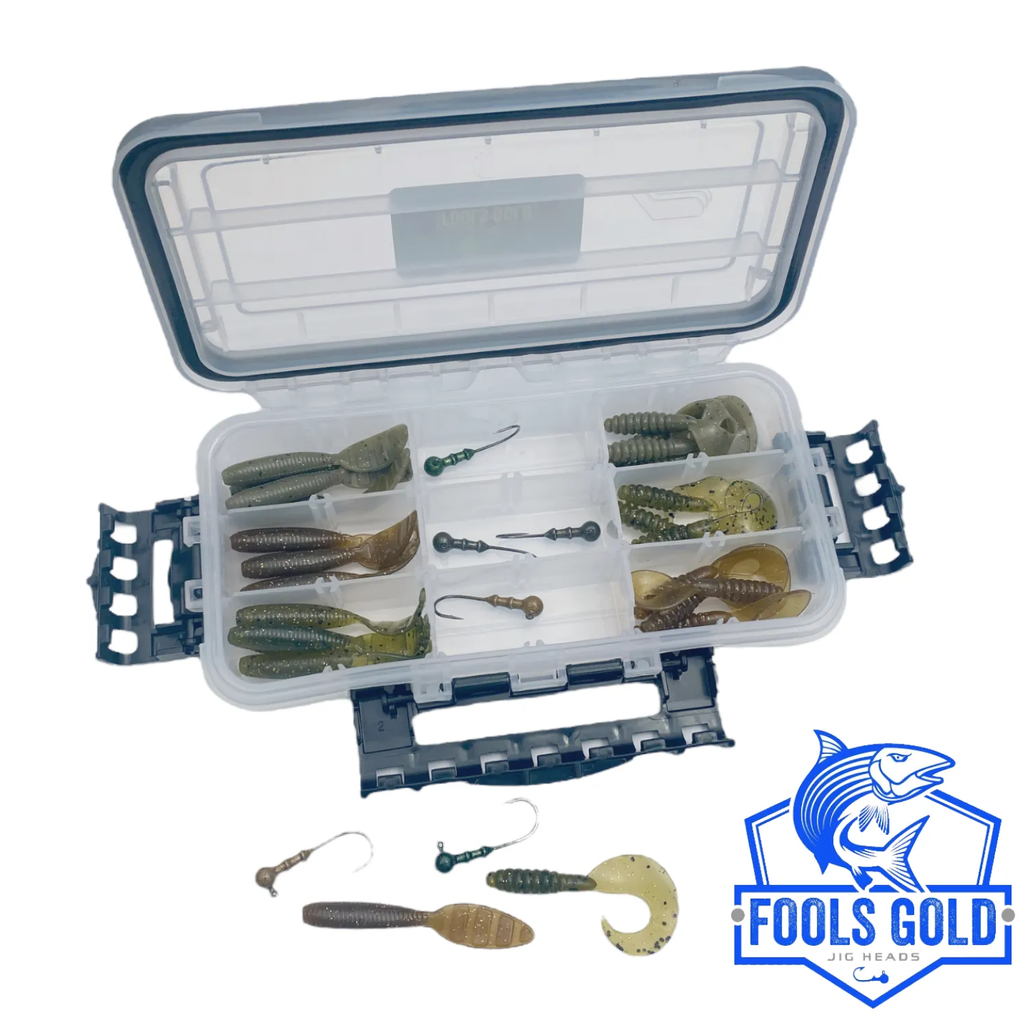 Multi-Brand Combo Soft Baits-Fools Gold Jigs & Softbait Combo Kit (6 Jigs, 24 Softbaits & Waterproof Tackle Tray)