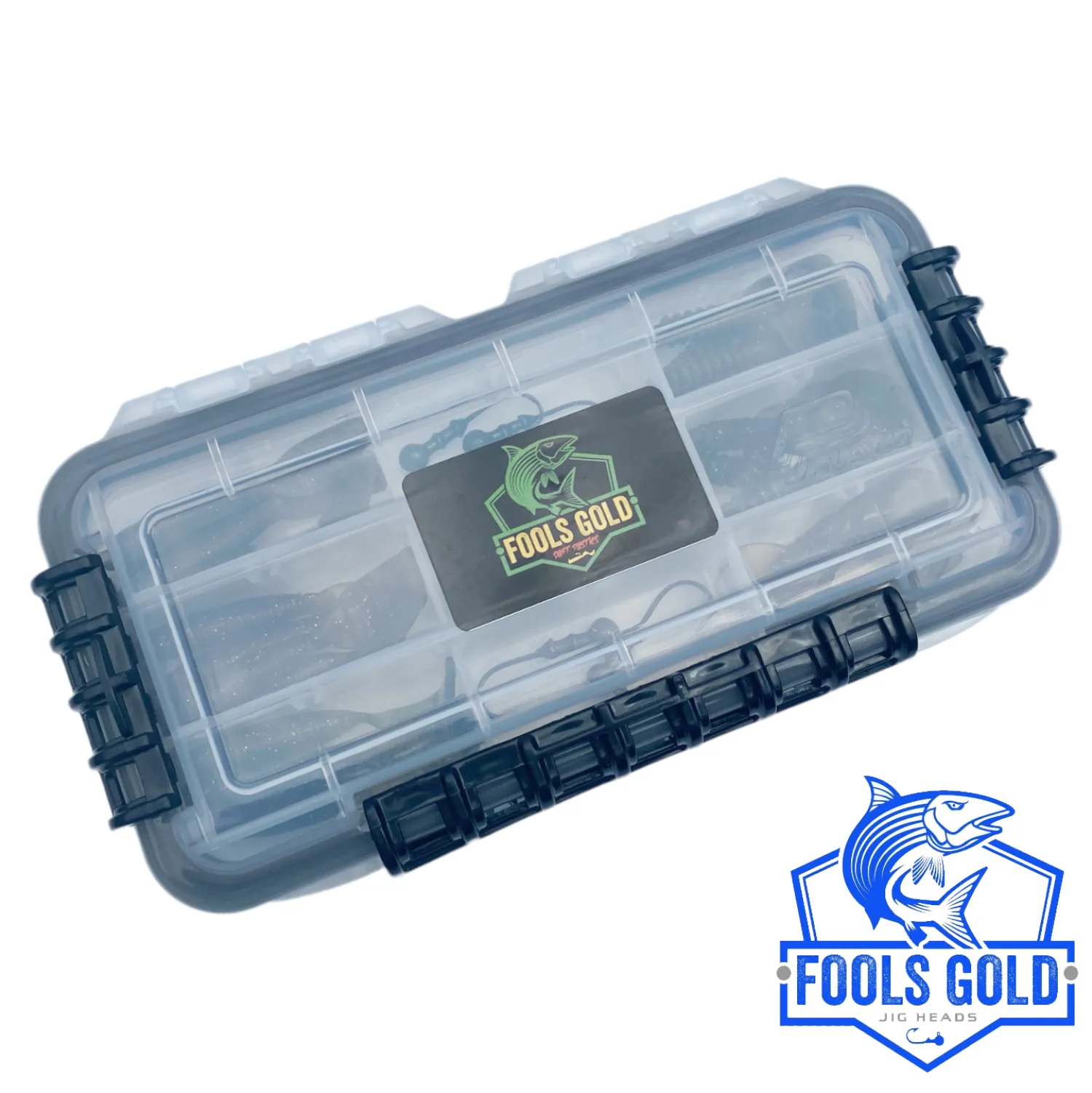 Multi-Brand Combo Soft Baits-Fools Gold Jigs & Softbait Combo Kit (6 Jigs, 24 Softbaits & Waterproof Tackle Tray)