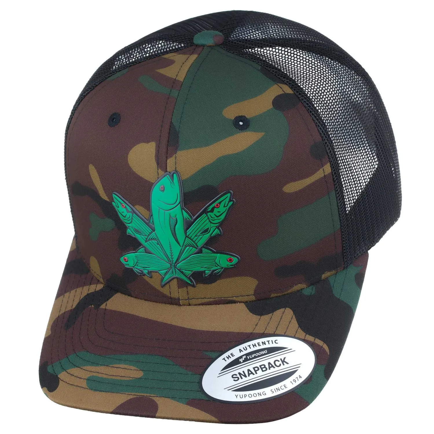 HiFishGear Hats-HFG - Green Fish Camo/Black Snapback Classic Trucker Hat