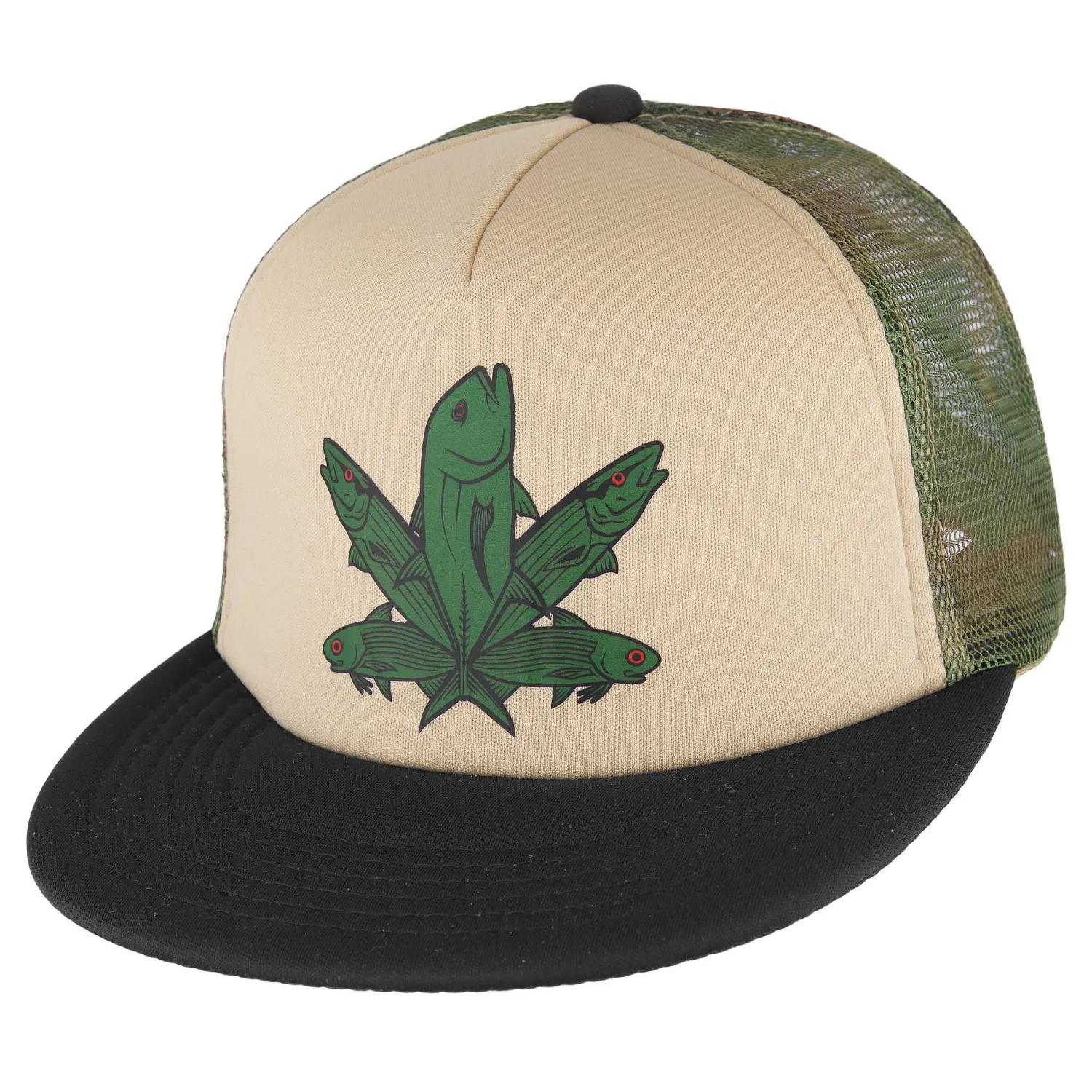 Hifishgear Hats-HFG - Green Fish Camo/Tan/Black Flatbill Trucker Hat