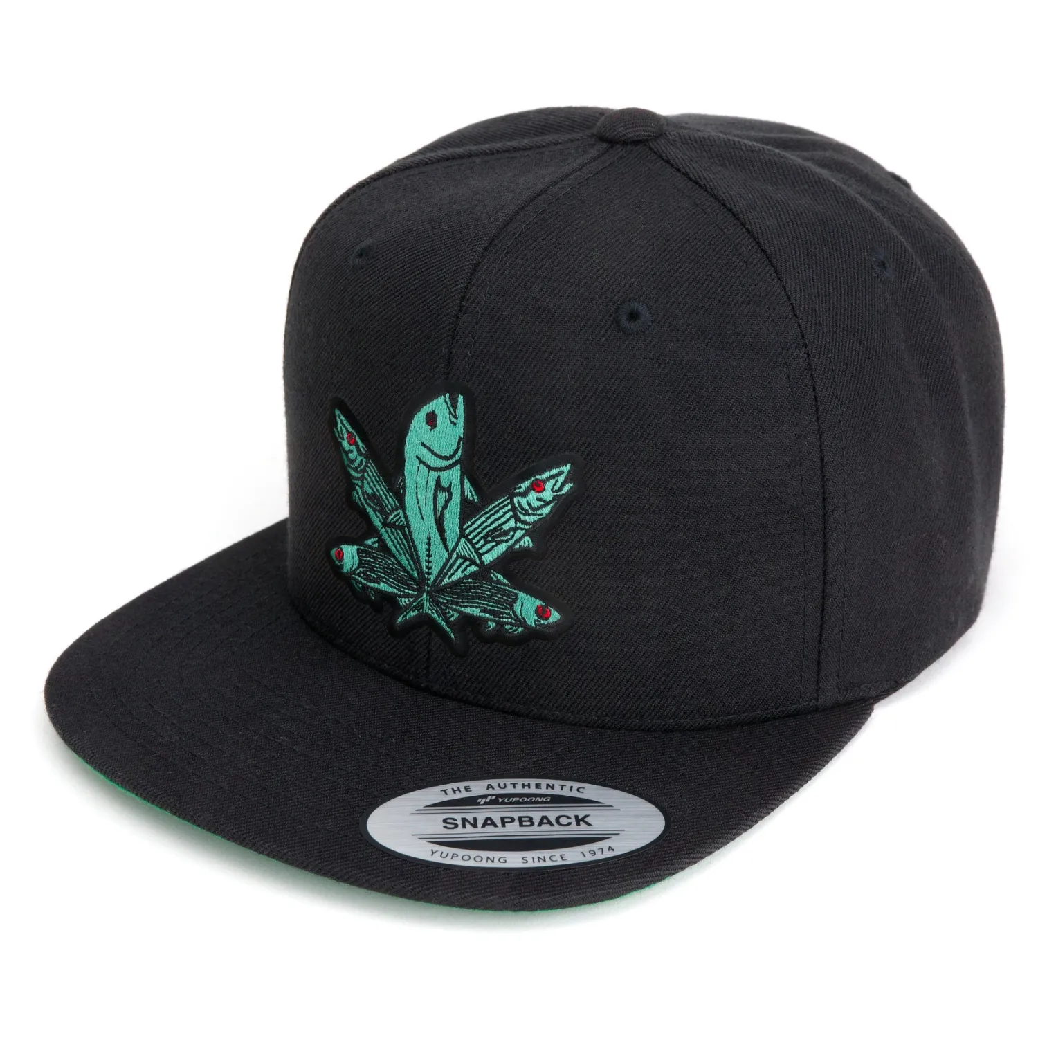 Hifishgear Hats-HFG - Green Fish Embroidered Black Snapback Flatbill Hat