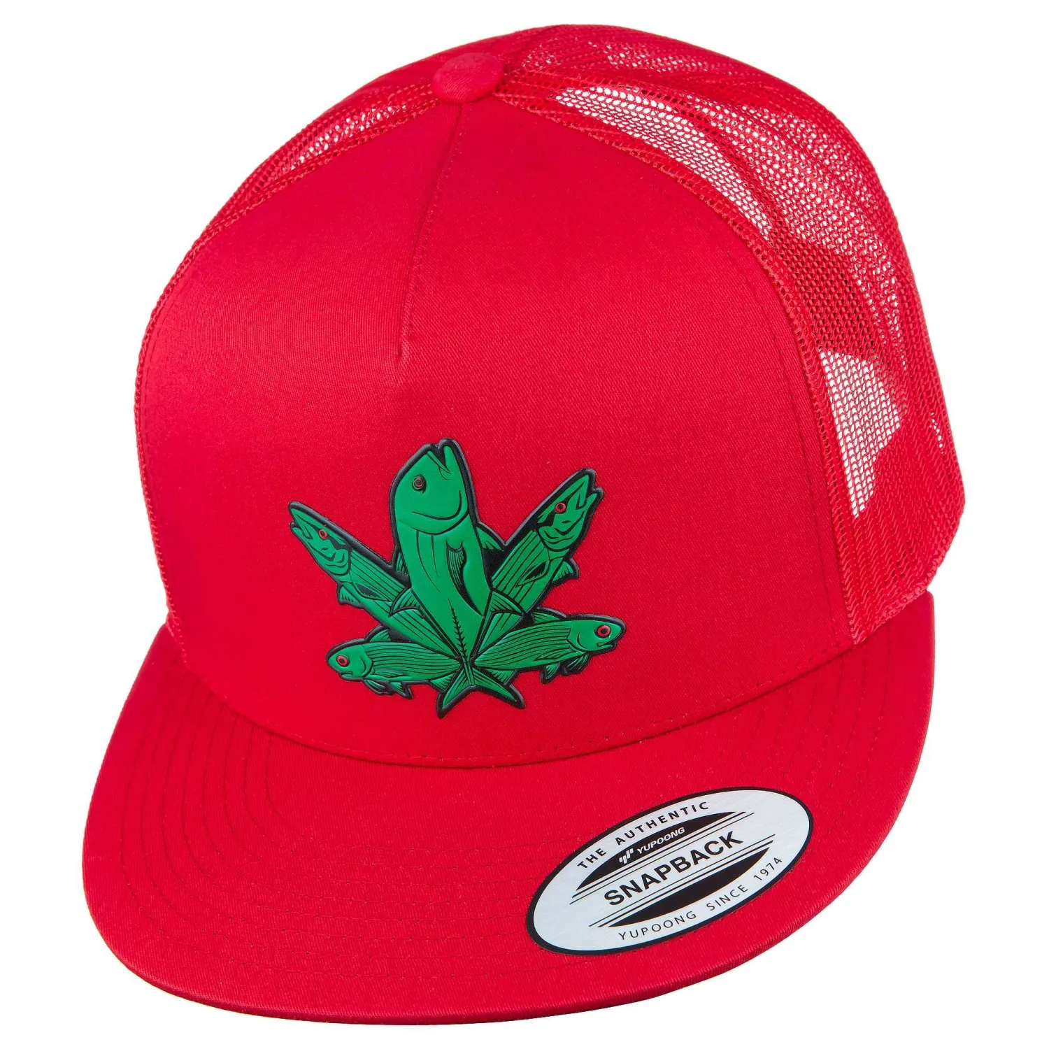 HiFishGear Hats-HFG - Green Fish Red Snapback Flatbill Trucker Hat