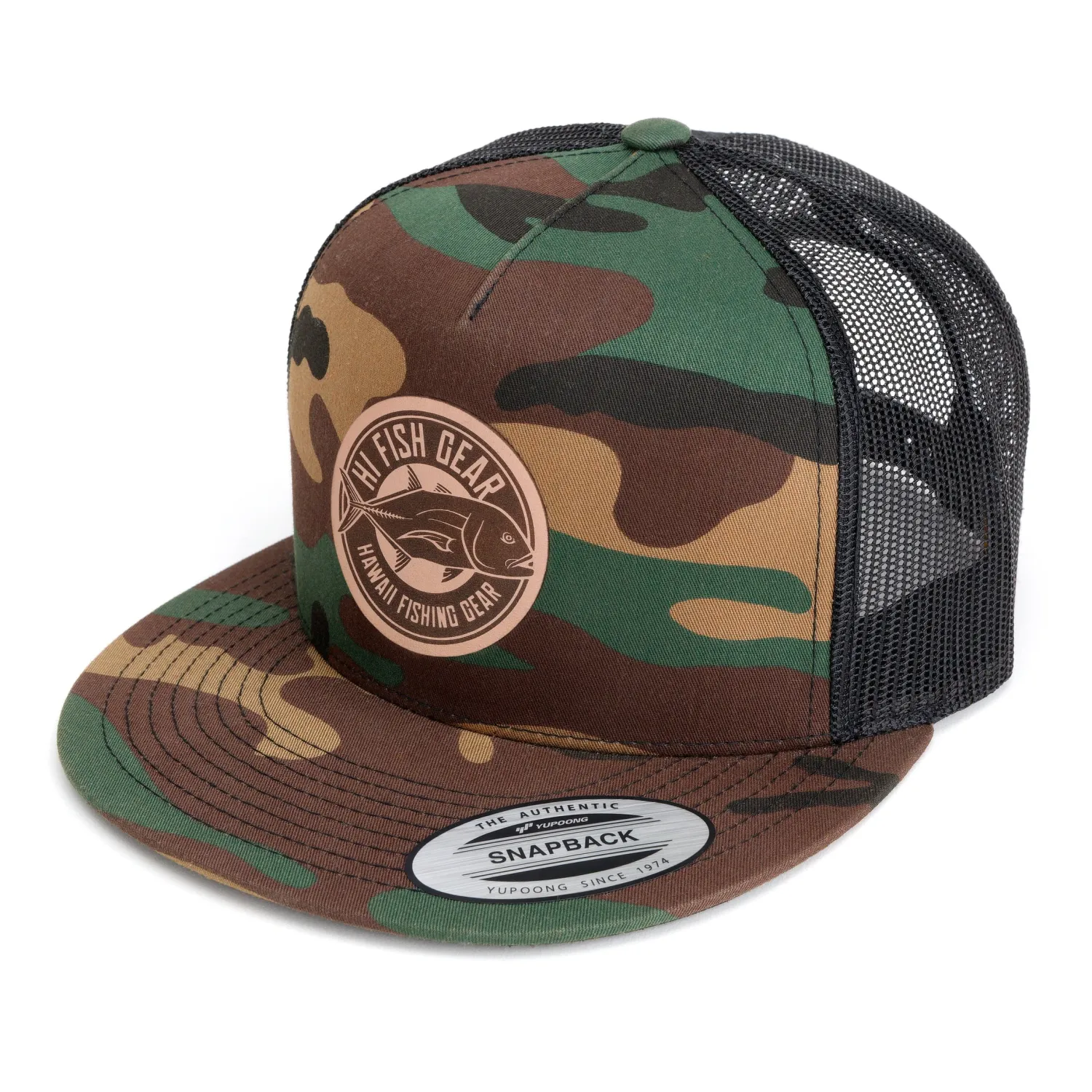 Hifishgear Hats-HFG - Ulua Leather Camo/Black Flatbill Trucker Hat