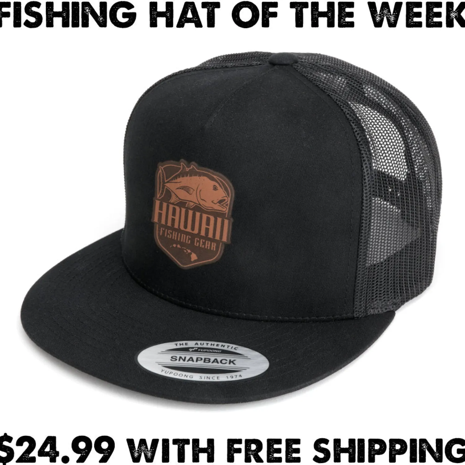 Hifishgear Hats-HFG - Ulua Leather Shield Black Flatbill Trucker Hat