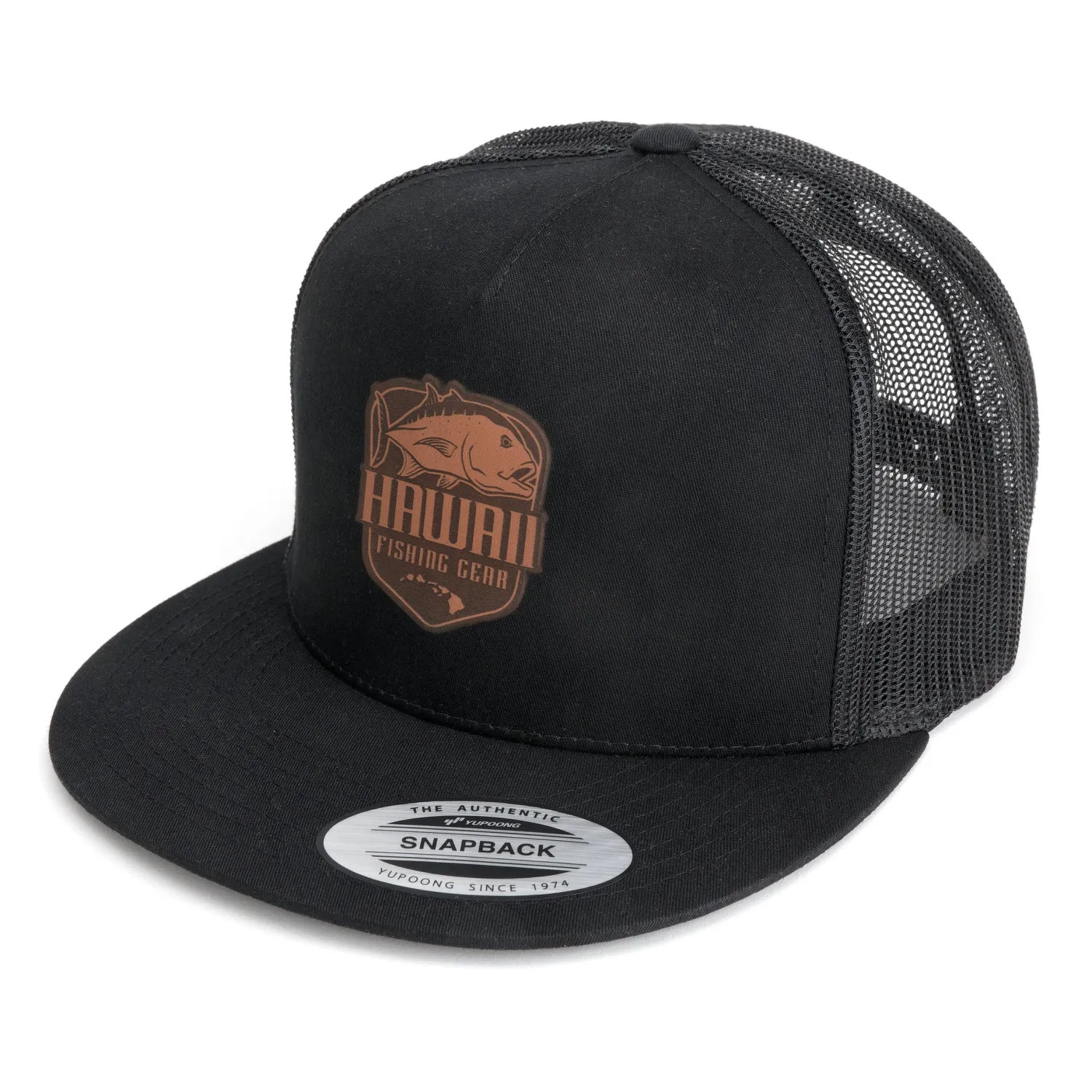 Hifishgear Hats-HFG - Ulua Leather Shield Black Flatbill Trucker Hat