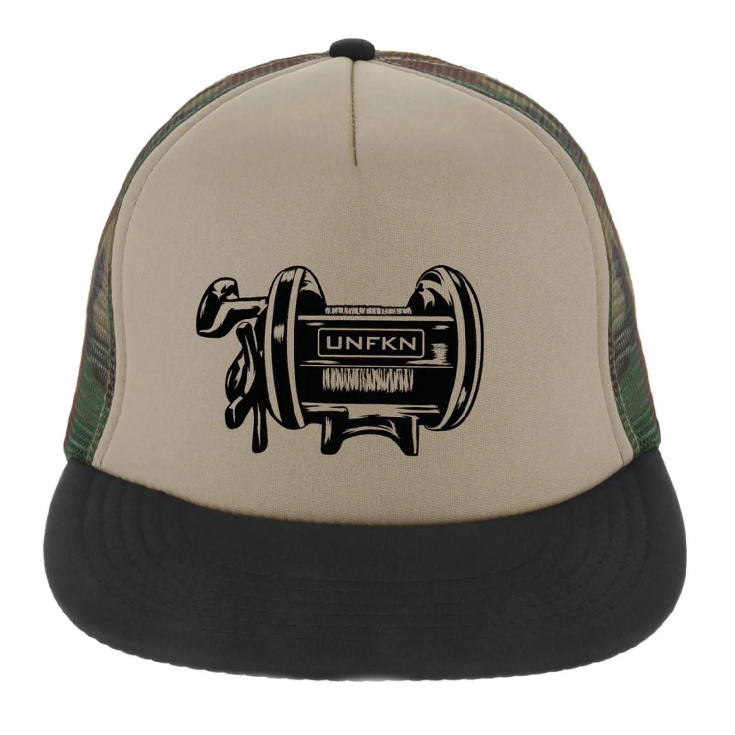 Hifishgear Hats-HFG - UNFKN Reel Camo/Tan/Black Flatbill Trucker Hat