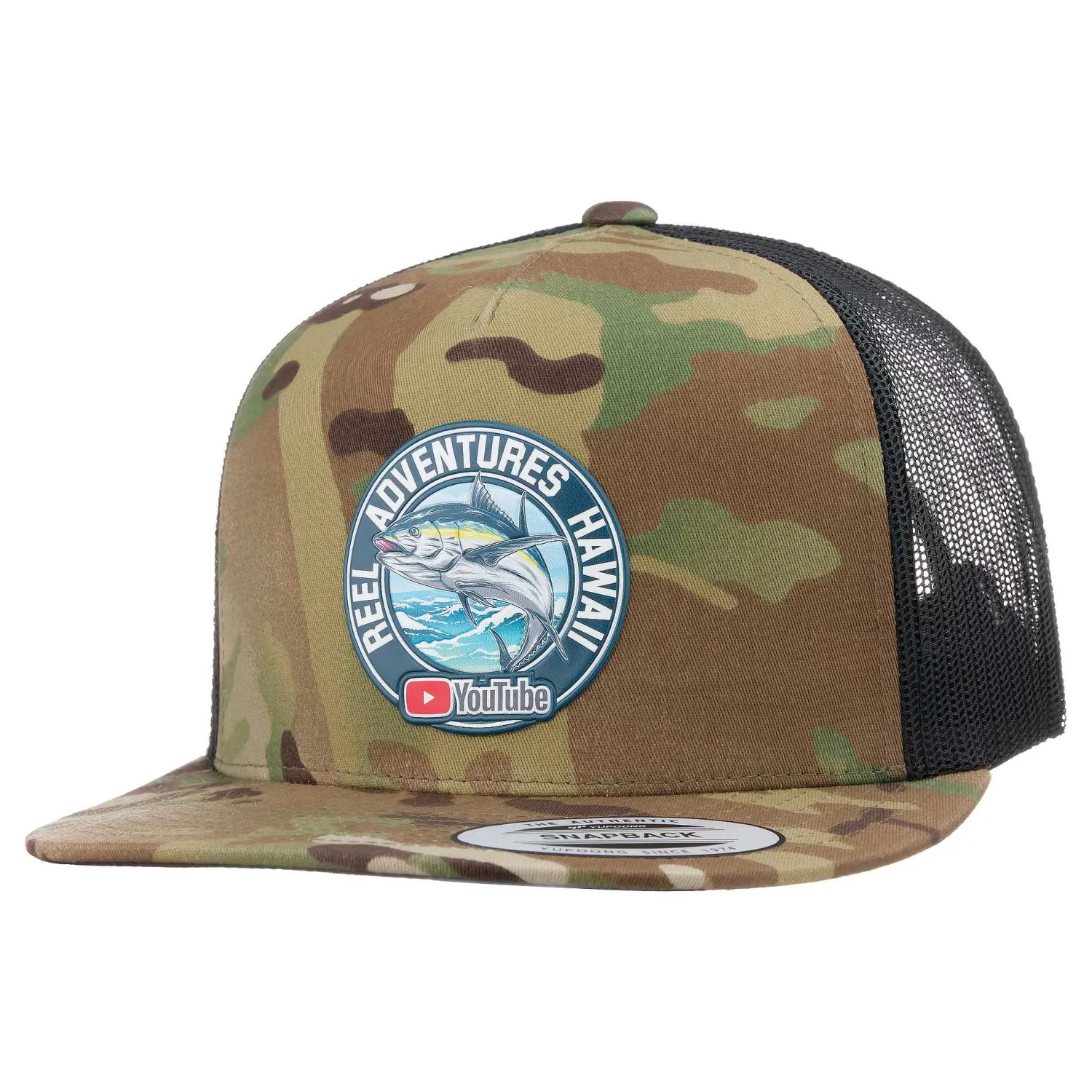 Hifishgear Hats-Reel Adventures Hawaii Multicam® Green/Black Snapback Flastbill Trucker Hat